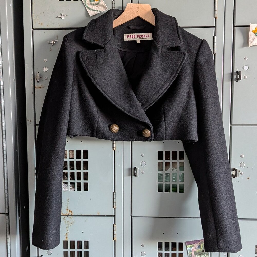 Free People Perry Cropped Black Blazer Wool Blend Size XS